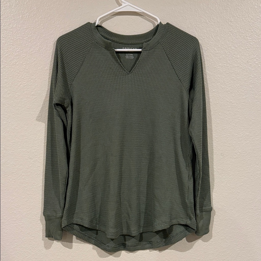 American Eagle Outfitters Olive Green Waffle Knit Sweatshirt
